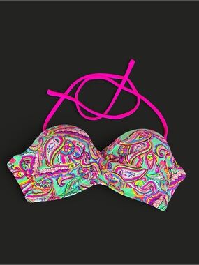 Rue Bleu Bandeau Bikini Top Mint-Green Pink Multi-Color Paisley Tie Hook XS EXC
